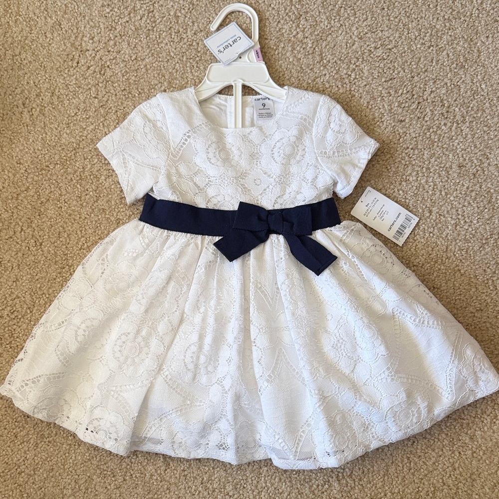 Carter's White Lace Party Dress with Navy Waist Bow